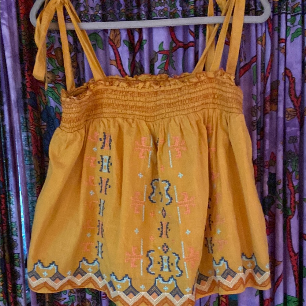 Anthropologie Mustard Yellow Embroidered Smocked Cami Top